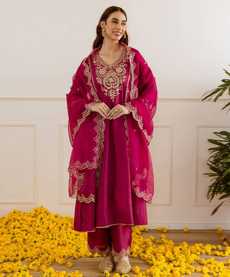 Red embroidered chanderi kurta set