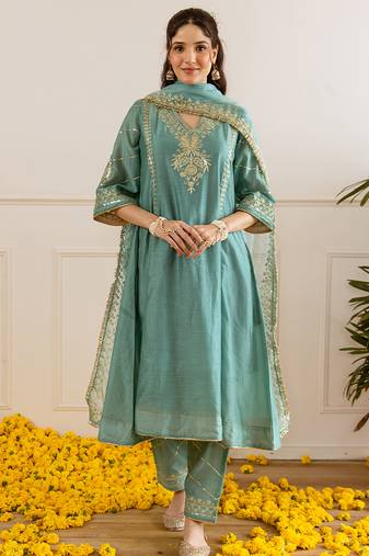 Sea green embroidered chanderi kurta set