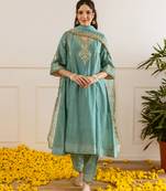 Sea green embroidered chanderi kurta set