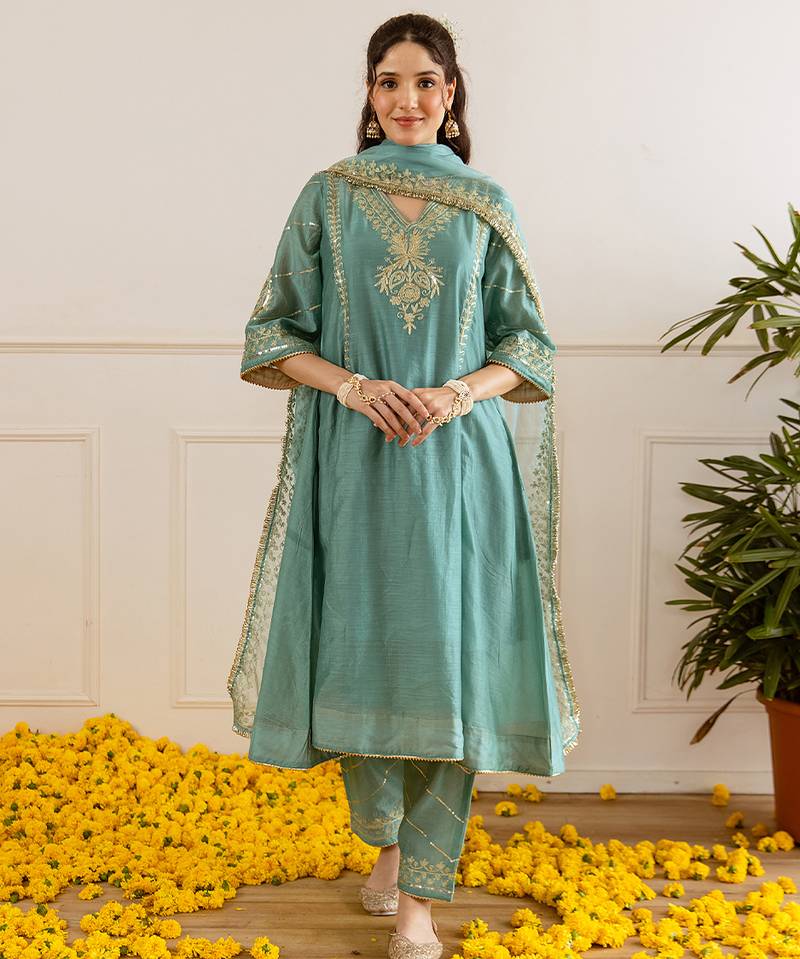 Sea green embroidered chanderi kurta set