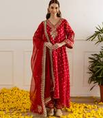 Red embroidered chanderi kurta set