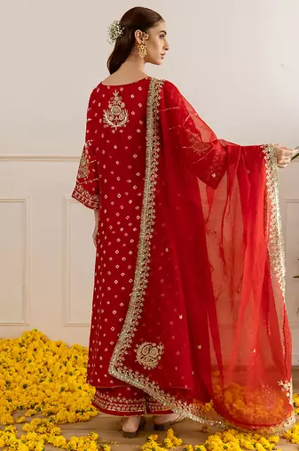 Red embroidered chanderi kurta set