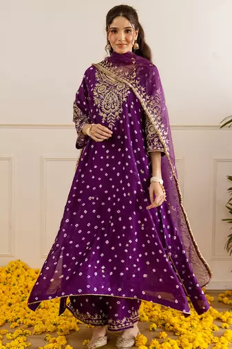 Purple embroidered chanderi kurta set