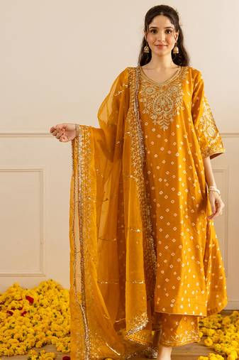 Mustard embroidered chanderi kurta set