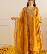 Mustard embroidered chanderi kurta set