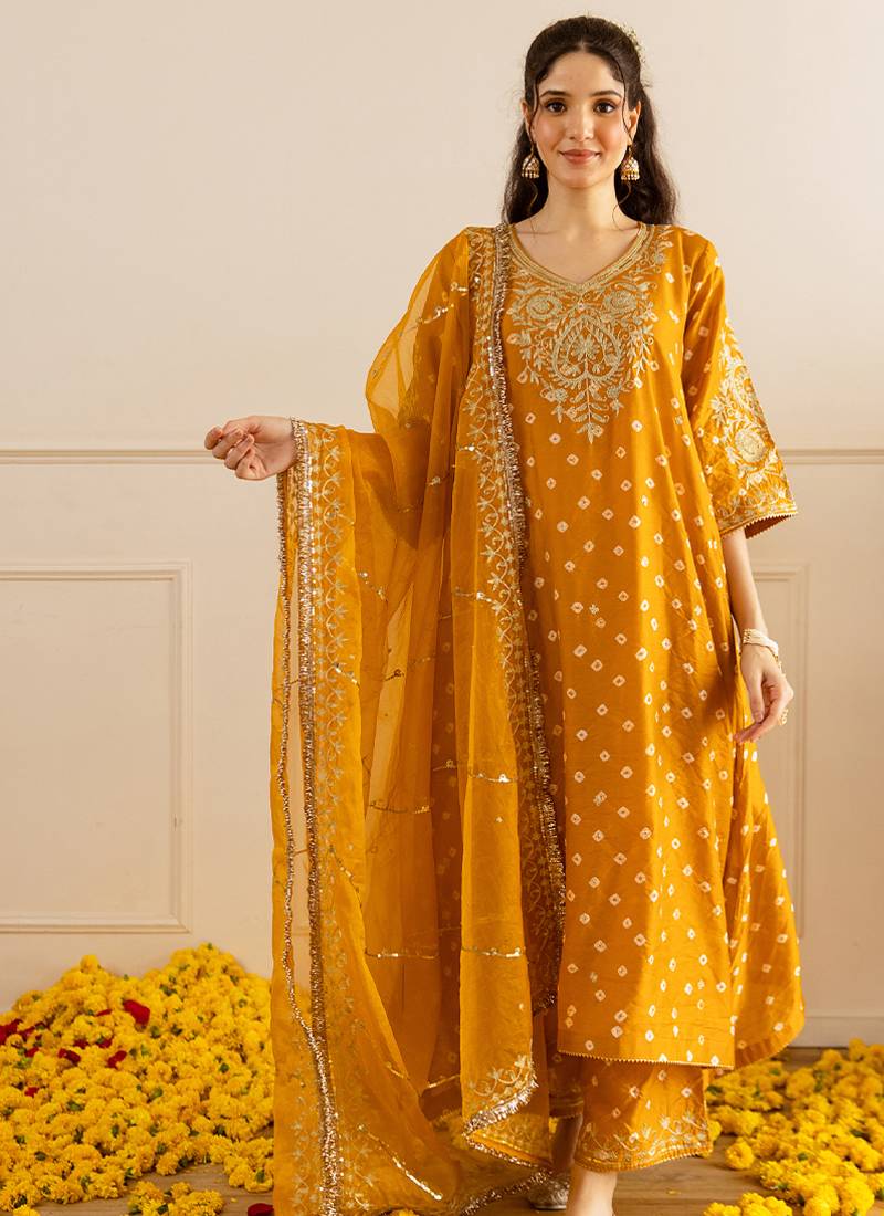 Mustard embroidered chanderi kurta set