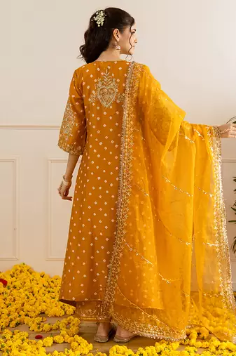 Mustard embroidered chanderi kurta set