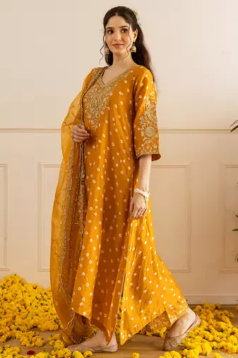 Mustard embroidered chanderi kurta set