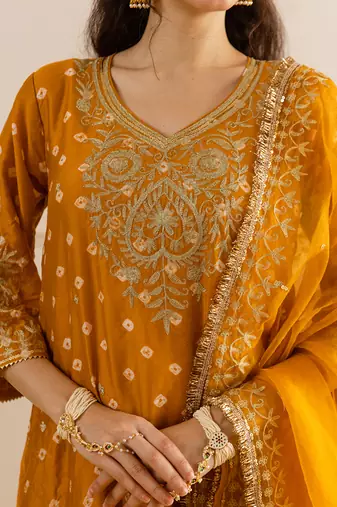 Mustard embroidered chanderi kurta set