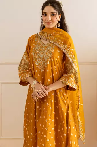 Mustard embroidered chanderi kurta set