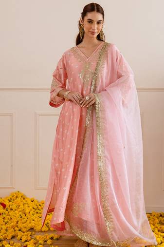 Peach embroidered chanderi kurta set