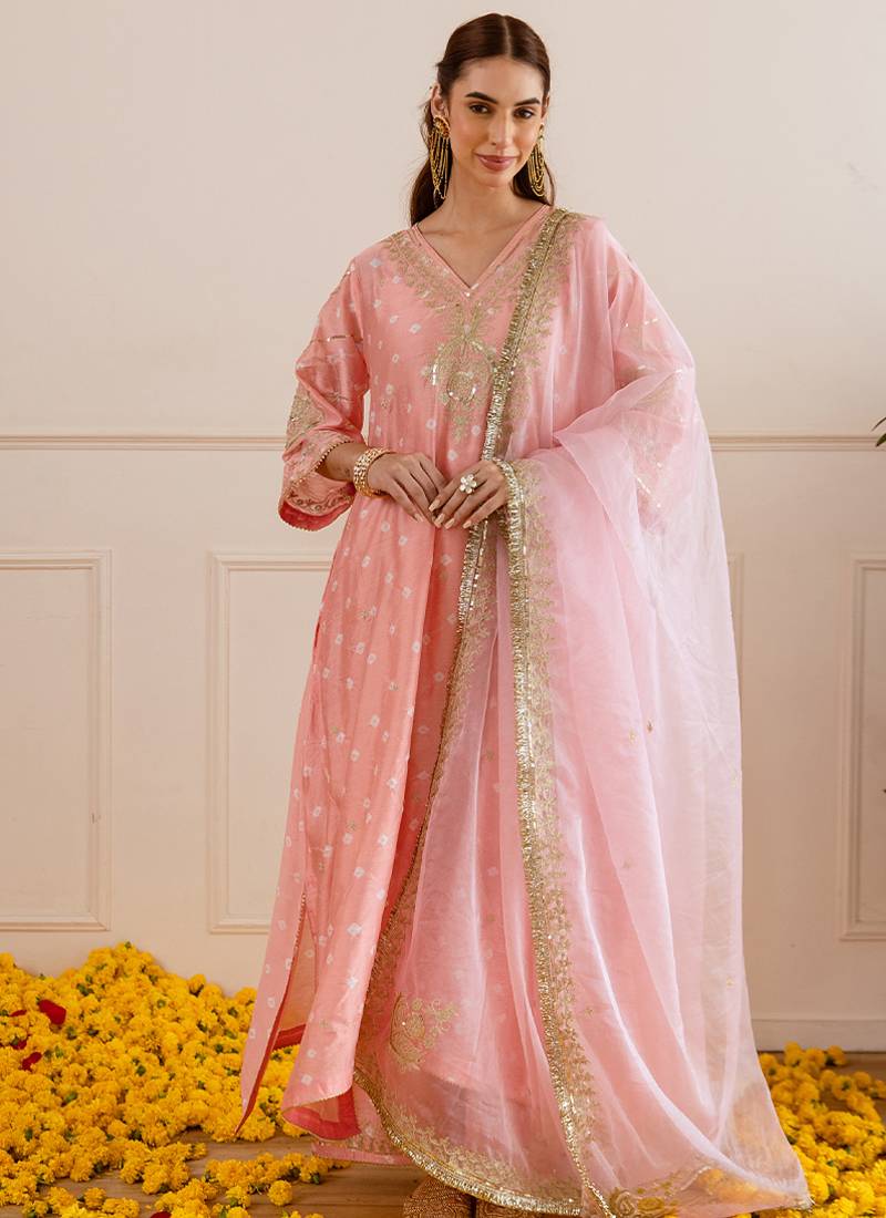 Peach embroidered chanderi kurta set