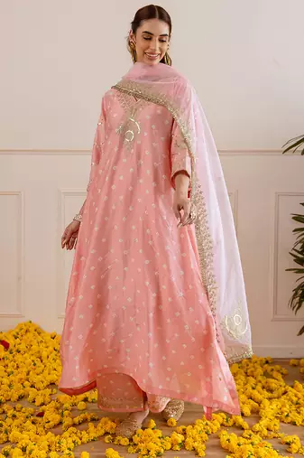 Peach embroidered chanderi kurta set