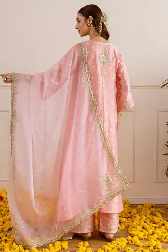 Peach embroidered chanderi kurta set