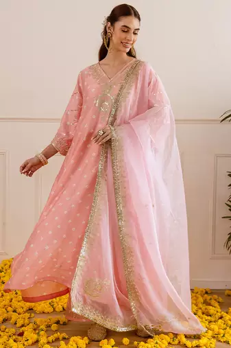 Peach embroidered chanderi kurta set