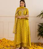 Yellow embroidered chanderi kurta set