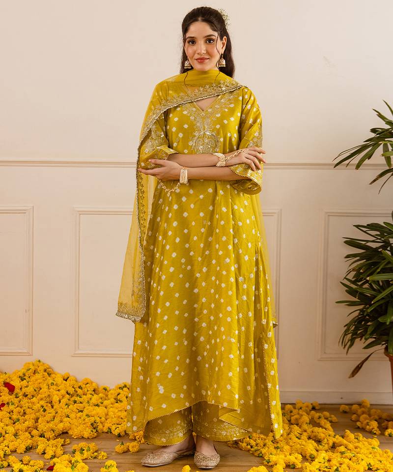 Yellow embroidered chanderi kurta set
