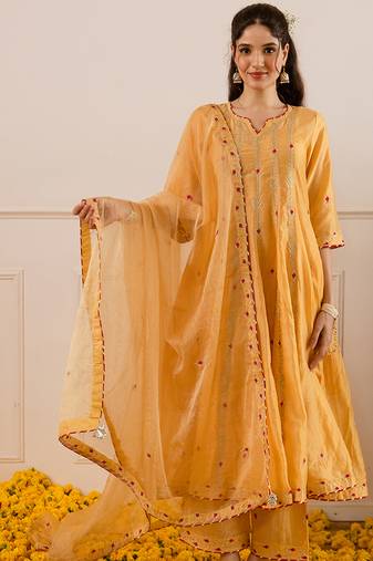 Yellow embroidered chanderi anarkali