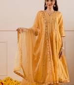 Yellow embroidered chanderi anarkali