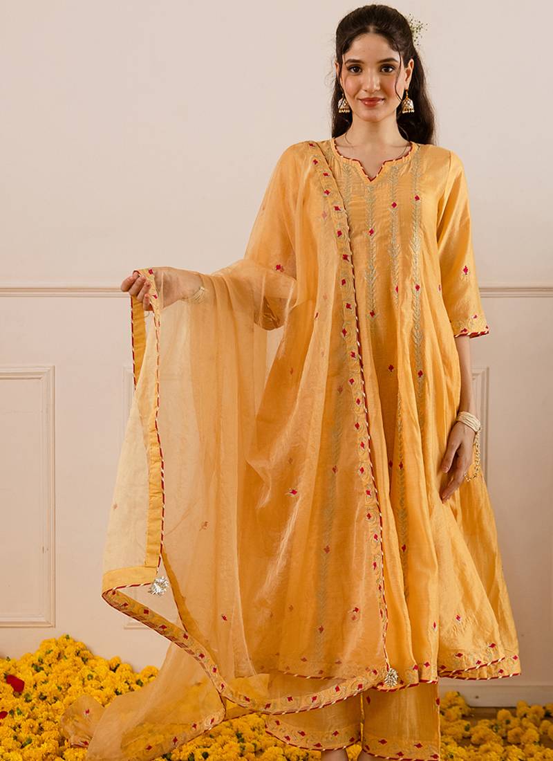 Yellow embroidered chanderi anarkali
