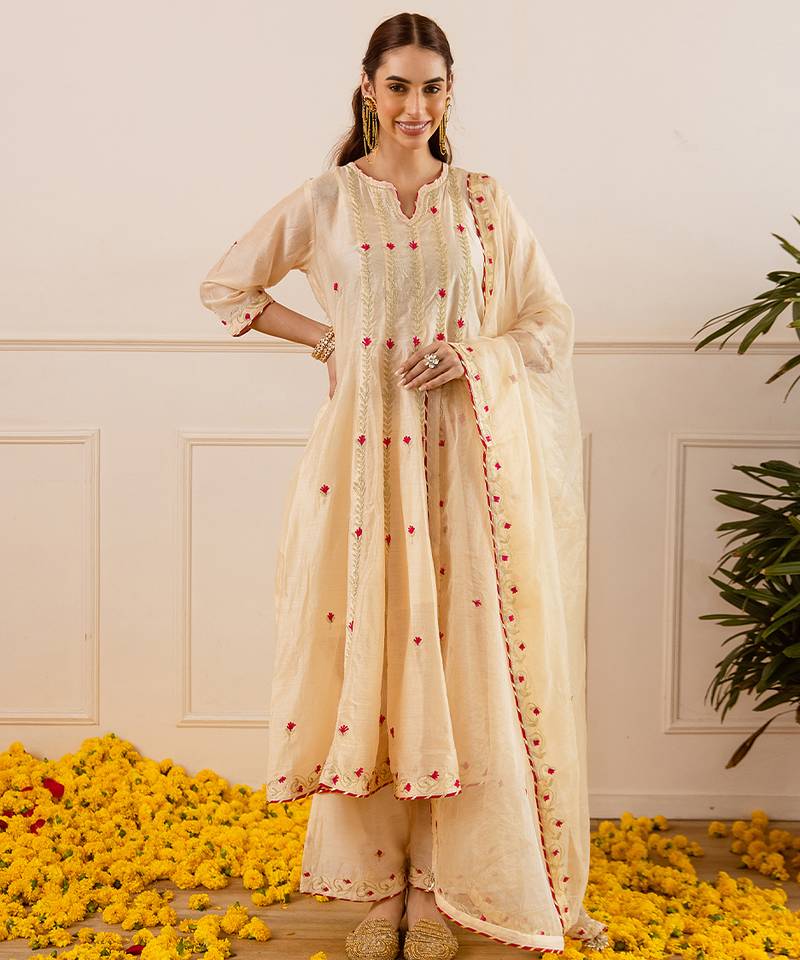 Ivory embroidered chanderi anarkali