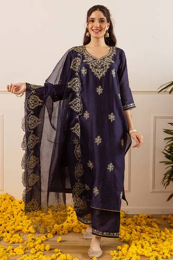 Navy blue embroidered chanderi kurta set