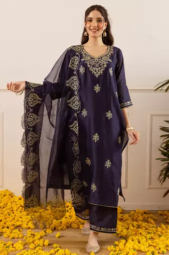 Navy blue embroidered chanderi kurta set