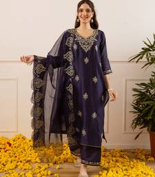 Navy blue embroidered chanderi kurta set