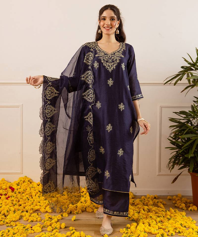 Navy blue embroidered chanderi kurta set