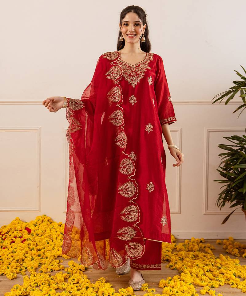 Red embroidered chanderi kurta set