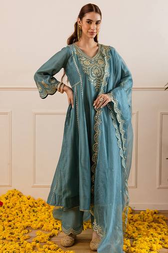 Teal blue embroidered chanderi kurta set