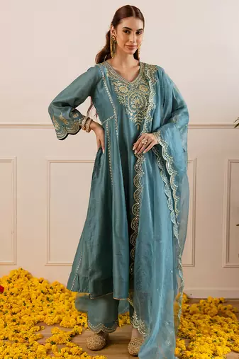 Teal blue embroidered chanderi kurta set