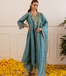 Teal blue embroidered chanderi kurta set