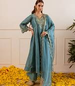 Teal blue embroidered chanderi kurta set