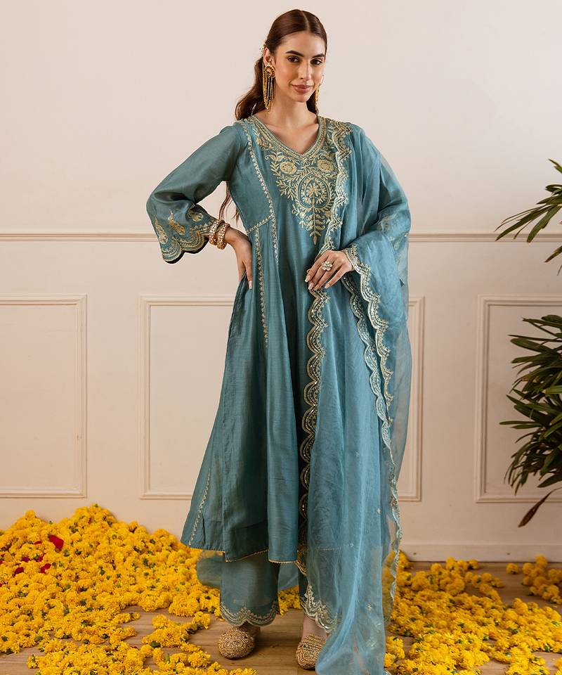 Teal blue embroidered chanderi kurta set