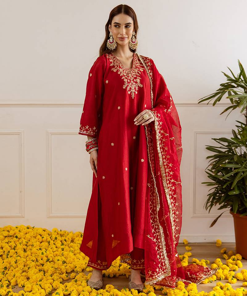 Red embroidered chanderi kurta set