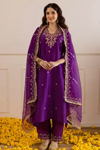 Purple embroidered chanderi kurta set
