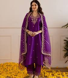 Purple embroidered chanderi kurta set