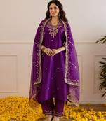 Purple embroidered chanderi kurta set