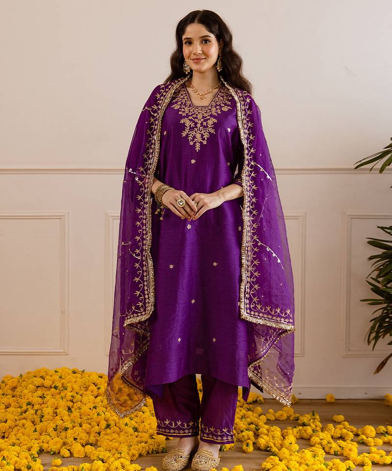 Purple embroidered chanderi kurta set