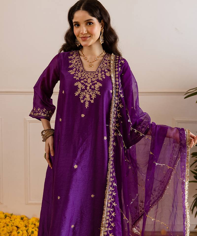 Purple embroidered chanderi kurta set