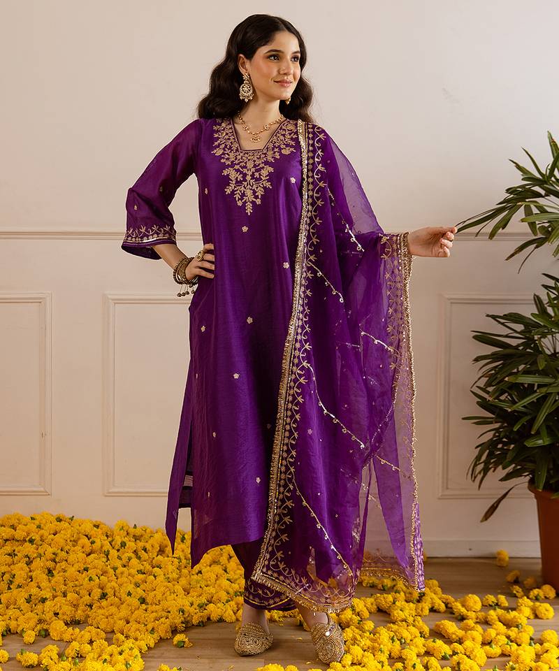 Purple embroidered chanderi kurta set