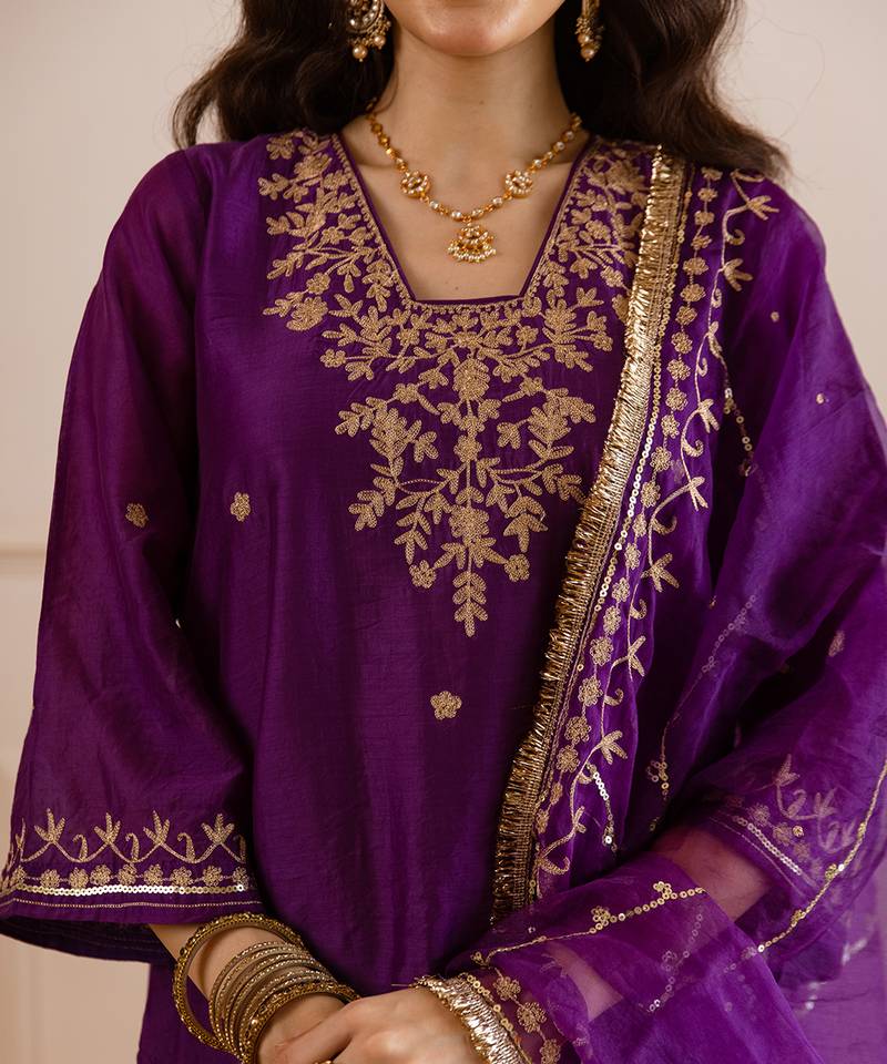 Purple embroidered chanderi kurta set