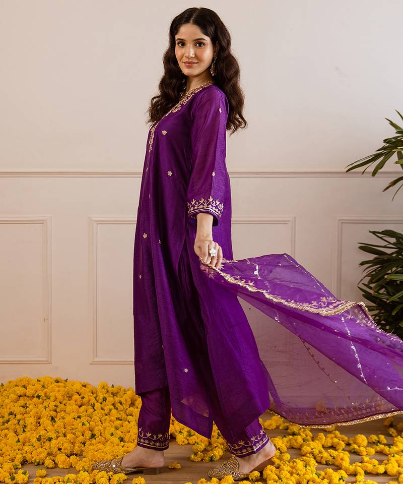 Purple embroidered chanderi kurta set