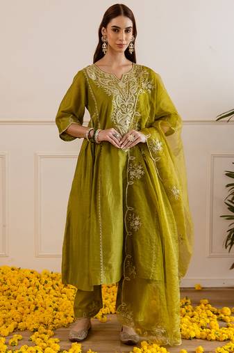 Olive embroidered chanderi kurta set