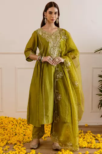 Olive embroidered chanderi kurta set