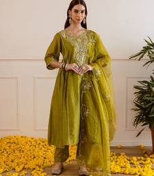 Olive embroidered chanderi kurta set