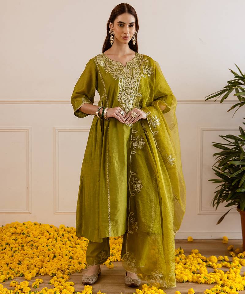Olive embroidered chanderi kurta set