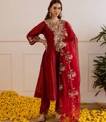 Maroon embroidered chanderi kurta set