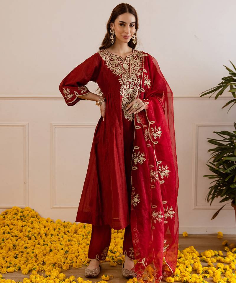 Maroon embroidered chanderi kurta set